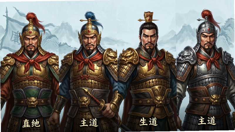 主体为四位三国武将角色立绘并排展示,布局横向排列,背景为淡蓝色水墨风,排版对称均衡,风格为高精度游戏原画,细节刻画细腻,画质清晰,干净无杂乱元素,文字名称标注在下方