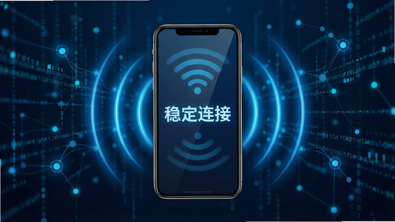 一张概念图,展示一个智能手机发出蓝色波纹信号,背景是抽象的数据流和节点,主体为手机,布局中心对称,风格科技感强,细节丰富,画质高清,干净无杂乱元素,文字标签“稳定连接”清晰显示
