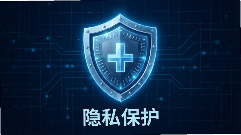 一张盾牌形状的安全图标,背景为深蓝色科技网格,主体为发光的盾牌,布局居中,风格严肃专业,细节精致,画质清晰,无多余元素,文字“隐私保护”位于盾牌下方