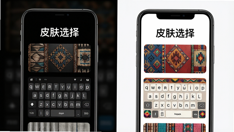 主体为手机屏幕展示多种键盘皮肤预览,左侧为深色模式,右侧为亮色民族风,文字显示“皮肤选择”,布局左右对比,风格时尚活泼,细节展示不同材质的纹理,画质高清,干净,无多余元素