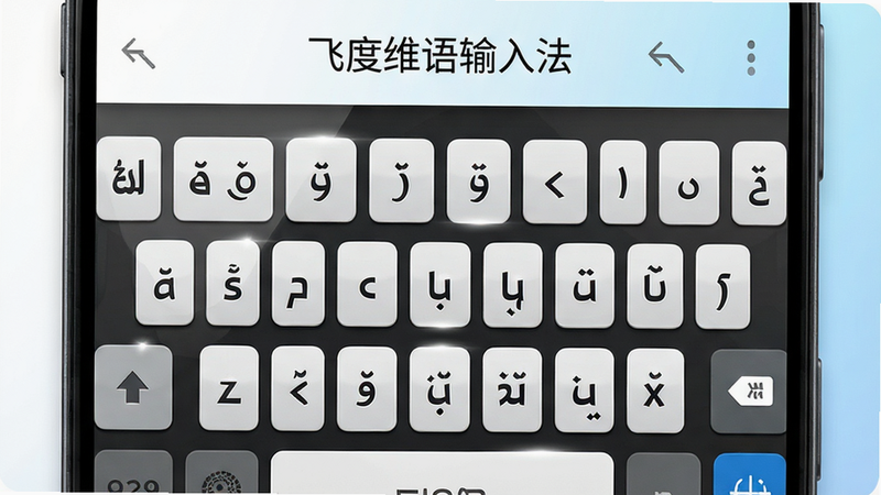 主体为安卓手机屏幕特写,屏幕显示“飞度维语输入法”键盘界面,背景为简洁的白色与浅蓝色渐变,键盘按键清晰可见,包含维语字符,布局居中,排版整洁,风格现代简约,细节展示按键光泽与阴影,画质4k高清,干净,无多余元素