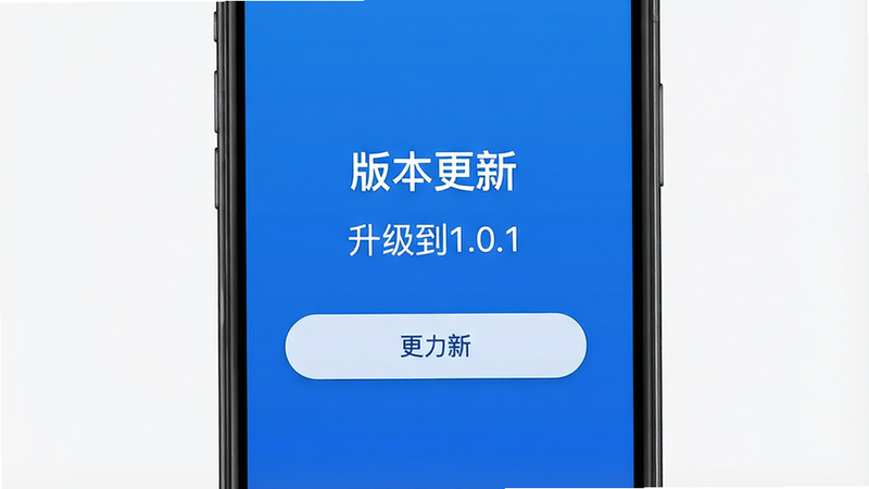 主体为手机屏幕显示“版本更新”提示,文字显示“升级到1.0.1”,背景为蓝色,布局居中,风格现代,细节展示更新按钮,画质高清,干净,无多余元素