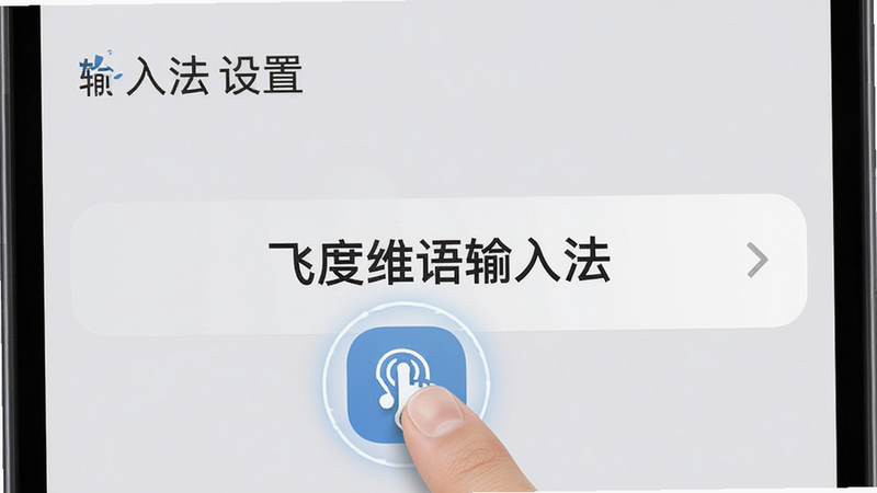 主体为手机设置界面截图,显示“输入法设置”选项,手指点击图标,背景为浅灰色,文字清晰显示“飞度维语输入法”,布局居中,风格简洁,细节展示点击高亮效果,画质高清,干净,无多余元素