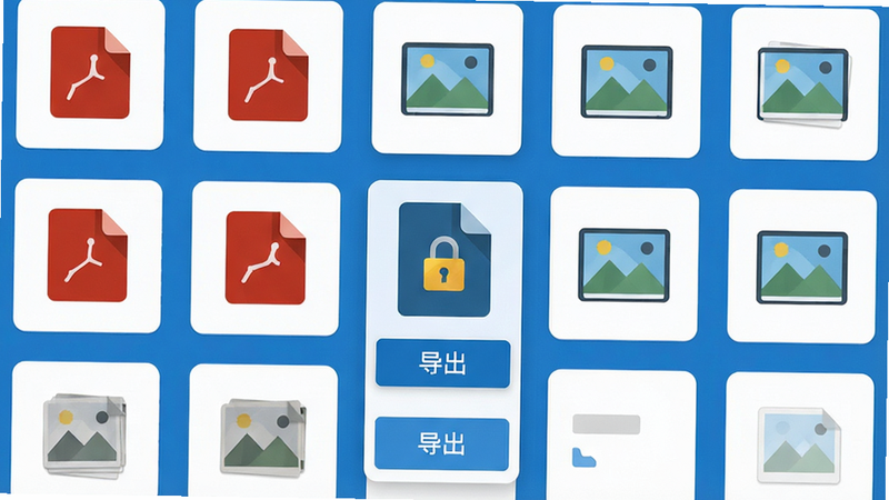 文件管理界面,显示多个PDF和图片图标,其中一个PDF文件上带有锁形图标表示加密,下方有“导出”按钮,界面风格扁平化,色彩以蓝色和白色为主,布局整齐,细节丰富,高清,无多余元素,干净,主体清晰,排版有序,风格简约,画质极佳