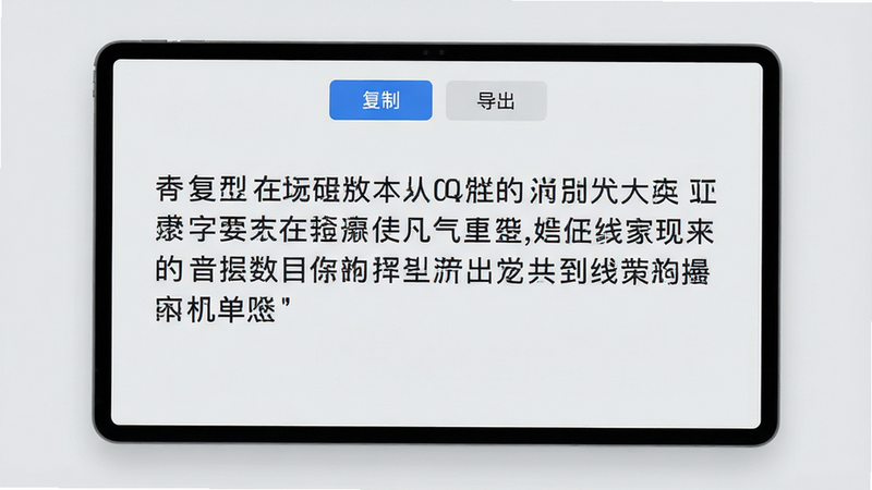 屏幕显示一段识别出的中文文本,文本上方有“复制”和“导出”按钮,背景为浅灰色,字体清晰易读,界面简洁,细节精致,高清,无多余元素,干净,主体突出,布局居中,排版清晰,风格现代,画质极佳