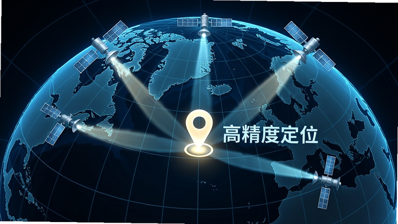 画面展示一个抽象的地球仪局部,表面覆盖着经纬网格,多个卫星图标在轨道上运行,向地面发射光束,光束汇聚成一个发光的定位点,旁边标注“高精度定位”字样。布局对称,排版清晰,风格科技感,细节丰富,画质清晰,干净,无多余元素