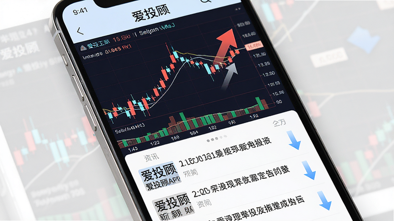����Ϊ�ֻ���Ļչʾ��Ͷ��APP���棬����������������ʾʵʱ��ƱK��ͼ���ײ�Ϊ������Ѷ�б�������ִ���Լ��ϸ�ڰ�����ɫ���Ǽ�ͷ����ɫ�µ���ͷ�����ʸ��壬�ɾ����޶���Ԫ�أ����ְ���