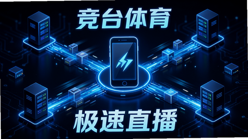 主体为“竞台体育”高速网络数据传输示意图,布局为环绕式结构,中心是手机图标,四周由蓝色光速线条连接至服务器节点,排版具有科技感,风格为深色背景下的霓虹光效,细节展示数据包快速流动的状态,画质高清,干净无多余元素,文字“极速直播”加粗显示