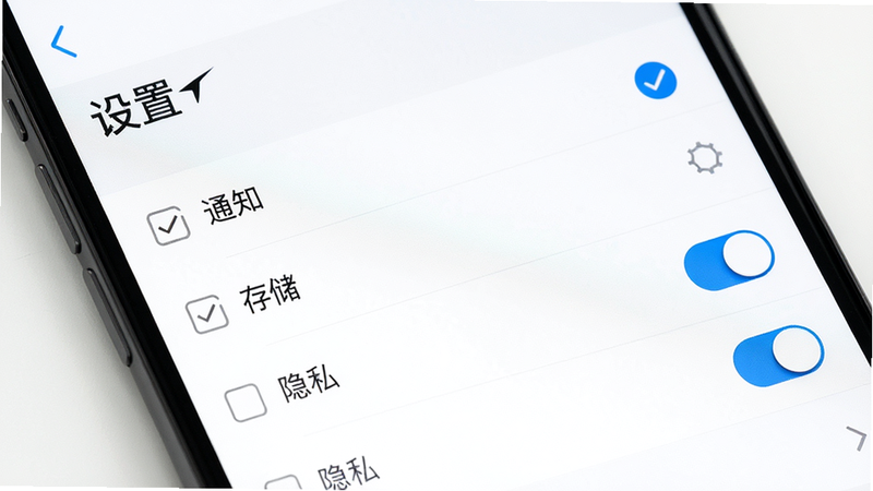 主体为“竞台体育”手机设置页面特写,布局为列表式菜单,包含通知、存储、隐私等选项,排版简洁明了,风格为极简主义白色背景,细节展示勾选框和滑块开关,画质高清,干净无多余元素,文字“设置”清晰
