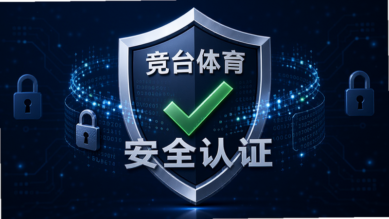 主体为“竞台体育”安全认证盾牌图标,布局为中心对称,盾牌内部有绿色对勾,周围环绕着数据流,排版庄重专业,风格为深蓝色科技背景,细节展示锁形图案和加密代码,画质精细,干净无多余元素,文字“安全认证”醒目