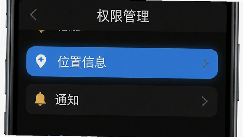 生成一张手机设置权限界面的示意图,主体为“权限管理”列表,高亮显示“位置信息”和“通知”选项,背景为白色,文字清晰,风格简洁实用,高清细节