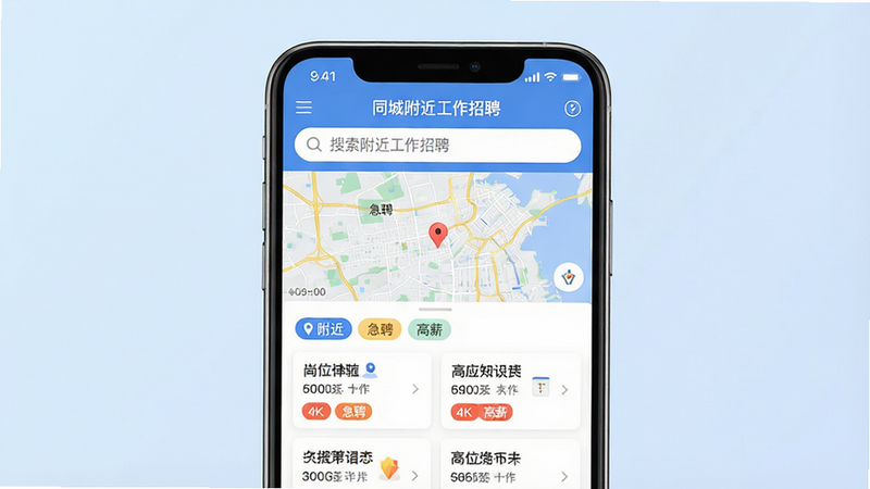 生成一张高清手机应用界面概念图,主体为一部现代智能手机,屏幕显示“同城附近工作招聘”APP界面,顶部为搜索栏,下方为地图视图与岗位卡片列表,背景为简洁的浅蓝色渐变,风格扁平化,UI设计现代简约,包含“附近”、“急聘”、“高薪”等标签元素,画质4K,清晰度高,无多余装饰元素