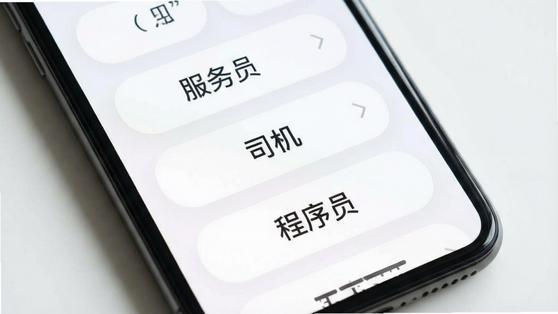 生成一张展示岗位分类标签的手机界面图,主体为多个圆角矩形标签按钮,文字清晰可见如“服务员”、“司机”、“程序员”,背景为柔和的白色,布局整齐,视觉焦点集中在标签上,风格极简主义,高清细节