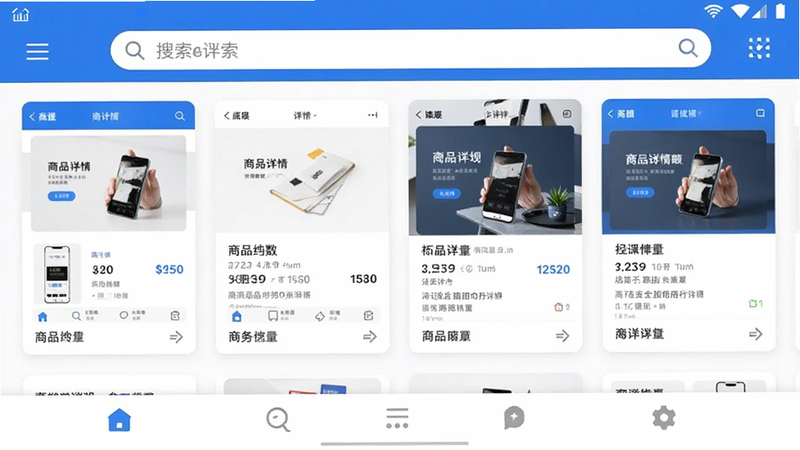 主体为商详宝安卓应用的主界面截图,布局采用卡片式设计,顶部显示搜索栏,中间展示多个商品详情页模板卡片,底部有导航栏,风格简约现代,色彩以白色和蓝色为主,细节清晰,画质高清,干净,无多余元素