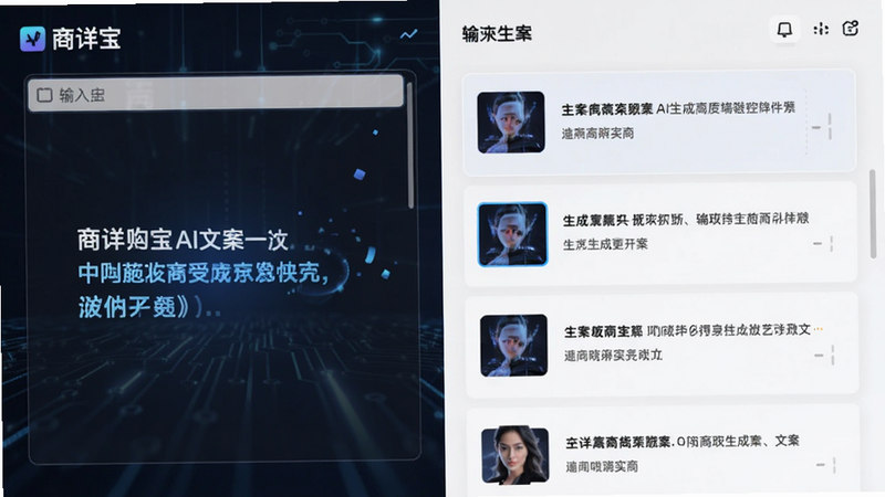 主体为商详宝的AI文案生成界面,左侧显示输入框,右侧显示生成的文案列表,布局左右分栏,风格科技感,细节显示文字生成动画,画质清晰,干净,无多余元素