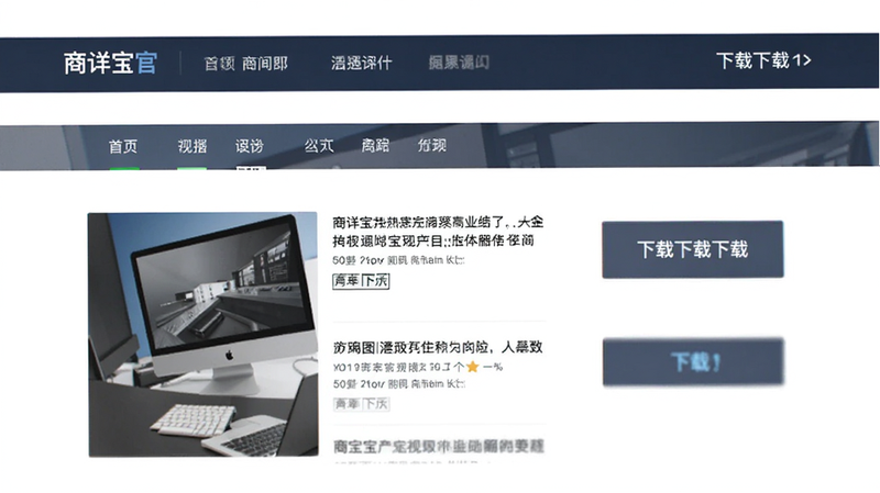 主体为商详宝官网首页的移动端预览,显示新闻列表和下载按钮,布局响应式设计,风格商务简约,细节显示导航菜单,画质高清,干净,无多余元素