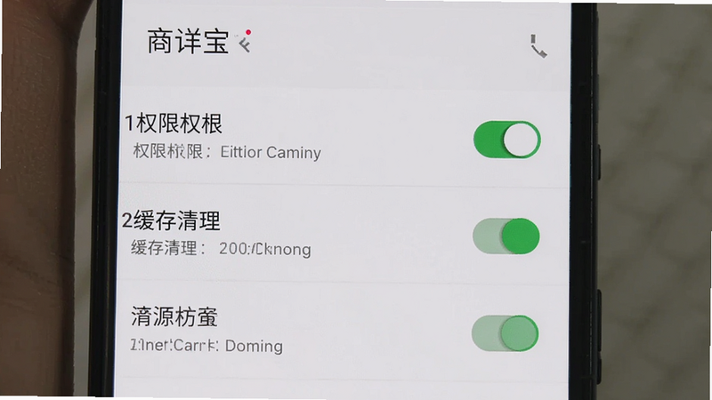 主体为商详宝在安卓手机上的设置界面,显示权限管理和缓存清理选项,布局列表式,风格简洁,细节显示开关按钮,画质清晰,干净,无多余元素