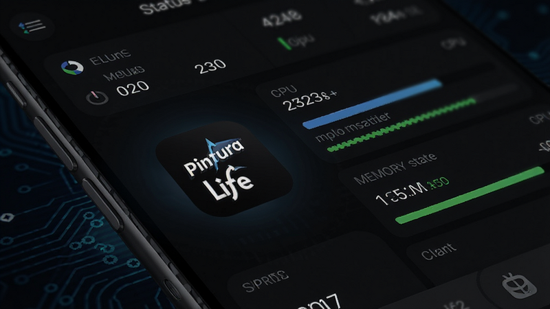 手机性能监控界面,显示 CPU 和内存使用率,Pintura Life 图标突出显示,运行状态良好,背景为深色科技风,数据清晰,无杂乱元素,高清渲染。