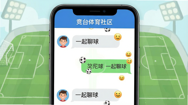 一张移动端聊天界面示意图,对话框中显示用户头像和文字气泡,背景隐约可见足球场轮廓,顶部标题栏显示“竞台体育社区”,整体风格轻松活泼,布局紧凑,排版友好,细节处有表情图标点缀,画质清晰,干净简洁,文字内容为“一起聊球”