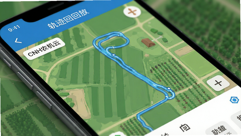 �ֻ���Ļ��д����ʾCNHũ����APP�ڵĵ�ͼ���棬��һ����������ɫ��ҵ�켣�ߣ���Χ��ũ���ͼ������ƽ��UI��ƣ�ϸ�ھ��£����ʸߣ�����