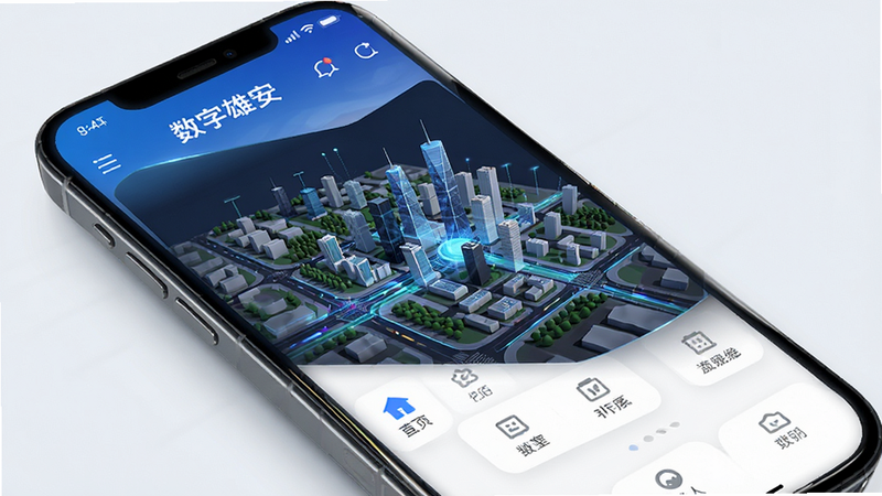 主体为手机屏幕界面,展示“数字雄安”APP首页,布局清晰,顶部导航栏,中部为三维城市模型预览图,底部功能图标排列整齐,排版简约大气,风格科技感强,细节处有数据流动光效,画质高清,干净无多余元素,文字