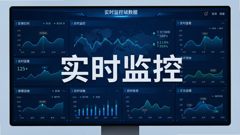 主体为数据仪表盘界面,显示多种实时图表与指标,布局模块化,排版紧凑有序,风格现代科技蓝,细节处有动态数据刷新效果,画质清晰,干净,文字