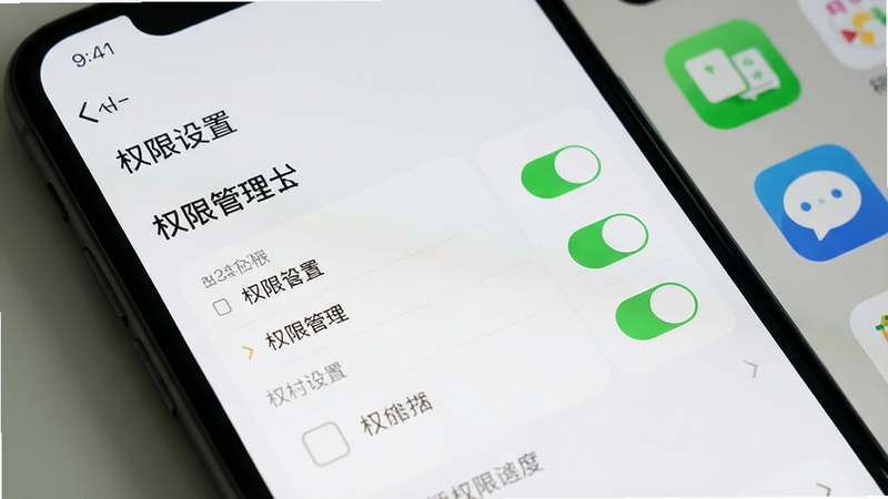 主体为手机设置界面与APP图标,展示权限管理页面,布局清晰,排版突出权限勾选框,风格简约,细节包含开关状态指示,画质清晰,干净,文字