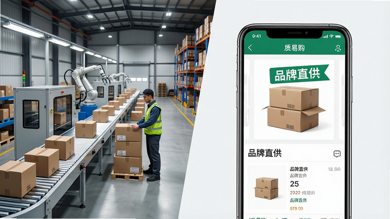 一张展示品牌合作场景的概念图,左侧为工厂生产线或仓库发货场景,右侧为手机端“质易购”APP界面,显示“品牌直供”标签,布局左右对比,风格专业商务,细节展示物流包装和手机屏幕上的商品详情,画质高清,干净无杂乱背景,文字“品牌直供”清晰