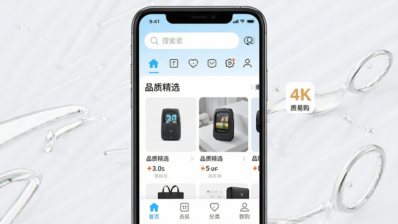 一张高清手机应用界面展示图,主体为“质易购”APP首页界面,布局清晰,顶部显示搜索栏和导航图标,中部展示“品质精选”推荐位,底部为分类标签栏,风格现代简约,色彩以白色和浅蓝色为主,细节处突出商品图片的高清质感,画质4K,干净无多余元素,文字清晰可见,包含“质易购”Logo