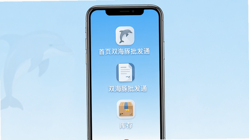 画面主体为双海豚批发通APP的手机界面展示,布局为居中垂直排列,背景为干净的浅蓝色渐变,风格为现代扁平化UI设计,细节包含清晰的“首页”、“订单”、“库存”图标,文字显示