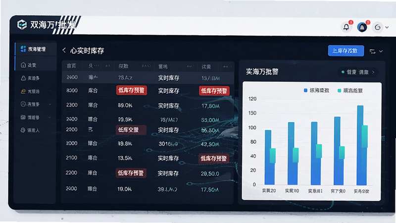 展示双海豚批发通的库存管理界面,主体为数据表格与柱状图,布局为上下结构,风格为科技感商务风,细节包含红色的“低库存预警”标签,文字显示