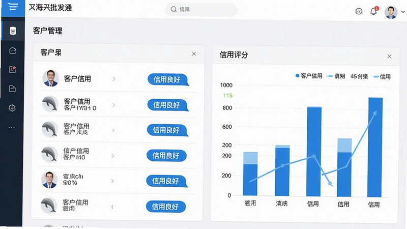 展示双海豚批发通的客户管理界面,主体为客户列表与信用评分图表,布局为左右分栏,风格为专业商务风,细节包含蓝色的“信用良好”标识,文字显示
