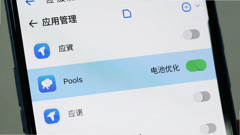 主体为手机设置界面,显示“应用管理”列表,高亮显示“Pools”应用,右侧有“电池优化”选项开关,布局清晰,排版规范,风格为系统原生UI,细节体现图标与文字对齐,高清画质,干净无多余元素