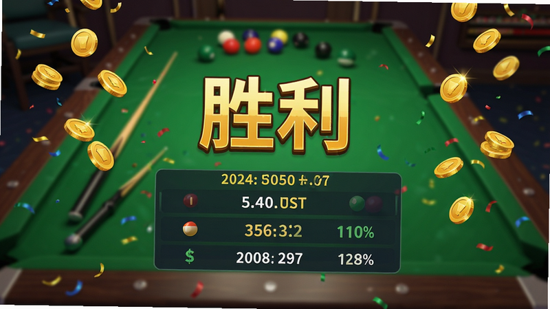 主体为游戏结算界面,显示“胜利”字样与得分统计,背景为模糊的台球桌,布局居中对称,排版醒目,风格为庆祝氛围,细节体现金币掉落特效,高清画质,干净无多余元素
