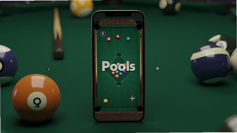 主体为一部竖屏智能手机,屏幕中央显示“Pools”游戏界面,背景为深绿色台球桌,周围散落着几颗彩色台球,整体布局简洁现代,排版清晰,风格为写实3D渲染,细节丰富,光线柔和,高清画质,干净无多余元素
