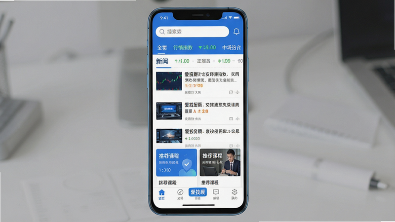 一张展示爱投顾安卓应用界面的高清图片,主体为手机屏幕,屏幕显示爱投顾App首页,顶部有搜索栏和行情指数,中间是新闻列表和推荐课程卡片,底部是导航栏,文字清晰可见写着