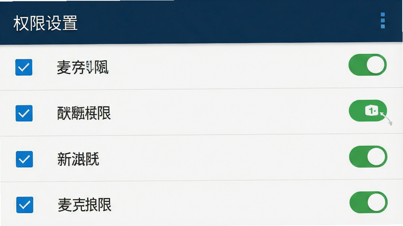主体为手机设置界面截图,布局为权限管理列表,排版为勾选框形式,风格为安卓原生系统风格,细节展示麦克风、相机权限开启状态,画质清晰,干净,无多余元素,文字标注“权限设置”
