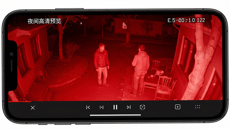 主体为手机屏幕显示夜间监控画面,布局为全屏视频窗口,排版包含底部控制栏,风格为深色模式,细节展示红外夜视效果下的清晰人影,画质超清,干净,无多余元素,文字标注“夜间高清预览”