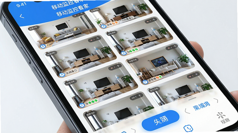 主体为智能手机屏幕特写,显示移动监控看家APP主界面,布局为网格状摄像头列表,排版简洁现代,风格为科技蓝白色调,细节清晰展示实时视频流与操作按钮,画质高清,干净无多余元素,文字标注“移动监控看家”