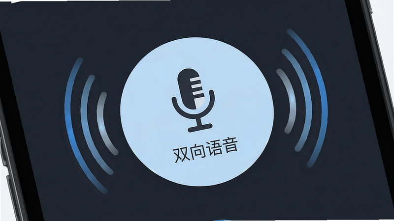 主体为手机界面中的语音对讲按钮特写,布局为圆形大按钮居中,排版周围有声波动画效果,风格为扁平化设计,细节展示麦克风图标与声波扩散,画质细腻,干净,无多余元素,文字标注“双向语音”