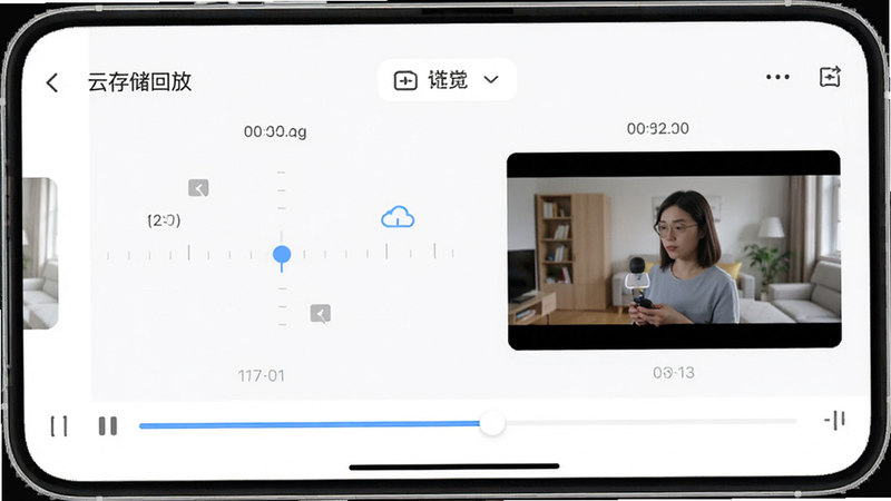 主体为APP内的视频回放时间轴界面,布局为横向滑动条与视频预览窗口,排版清晰,风格为简约UI,细节展示时间刻度与播放进度,画质清晰,干净,无多余元素,文字标注“云存储回放”