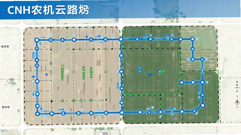 一张展示CNH农机云路径规划功能的图片,主体为农田地图,上面覆盖着蓝色的优化路径线条,布局逻辑性强,风格专业,细节显示地块边界和路径节点,画质高清,干净,无多余元素