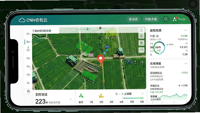 一张展示CNH农机云应用界面的高清图片,主体为手机屏幕,显示着绿色的田间作业地图和农机实时位置,布局清晰,排版简洁,风格现代科技,细节丰富,包含