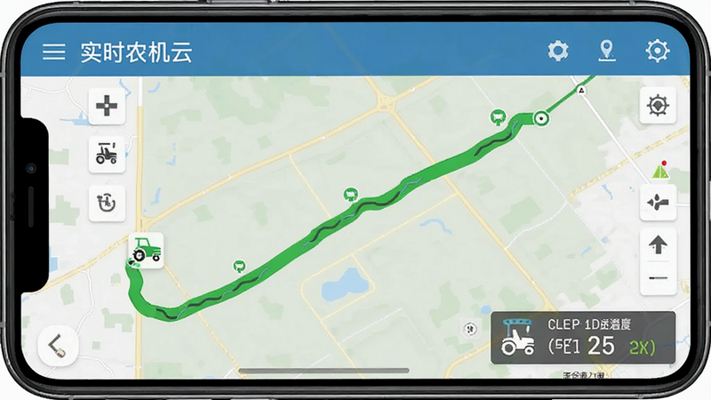 一张智能手机界面截图,显示CNH农机云的实时监控页面,地图上有一条清晰的绿色作业轨迹,主体突出,布局直观,风格扁平化,细节显示农机图标和速度数据,画质清晰,干净,无多余元素