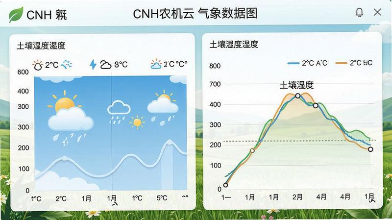 一张CNH农机云气象数据界面图,主体为天气图表和土壤湿度曲线,布局平衡,风格清新自然,细节显示温度图标和数据标签,画质细腻,干净,无多余元素