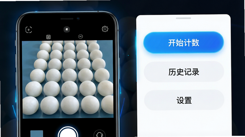 主体为一款名为'拍照扫描计数'的手机应用界面展示图,布局清晰,左侧为手机模型显示摄像头取景框内整齐排列的白色乒乓球,右侧为功能菜单面板,包含'开始计数'、'历史记录'、'设置'等按钮,排版整洁有序,风格为现代扁平化UI设计,细节处体现科技蓝光效,画质高清8k,干净无多余元素