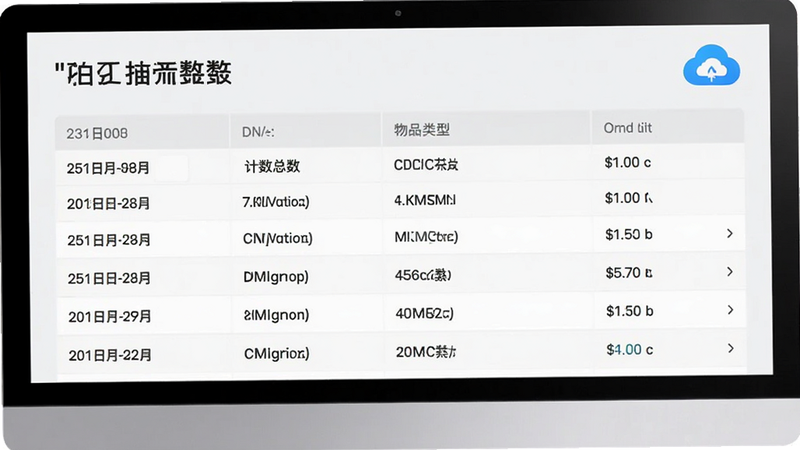 主体为'拍照扫描计数'软件的历史数据页面,布局为列表形式,显示日期、计数总数、物品类型等信息,背景为浅灰色,文字清晰,风格简约商务,细节处展示云朵图标象征云端同步,画质细腻,干净简洁