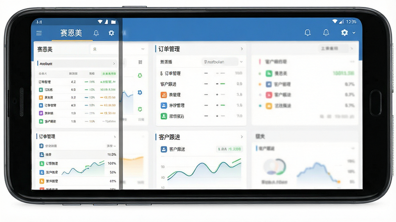 赛恩美安卓应用界面全景展示,主体为手机屏幕,布局清晰,排版整洁,风格为现代扁平化商务风,细节包含顶部导航栏、中部数据看板、底部功能入口,文字显示“赛恩美”、“订单管理”、“客户跟进”,画质高清,干净,无多余元素