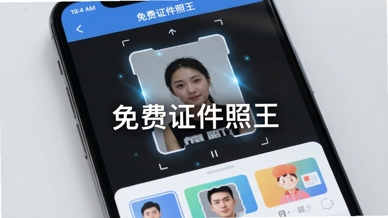 主体为智能手机屏幕特写,显示“免费证件照王”应用界面,布局清晰展示拍照框与背景选择区,排版简洁现代,风格为极简科技风,细节处有智能抠图光效,画质高清,干净无多余元素,文字“免费证件照王”居中显示