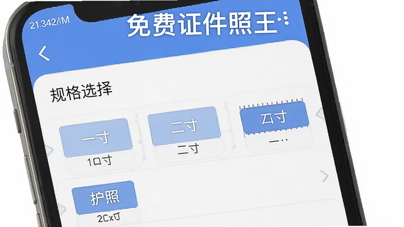 手机界面展示“规格选择”列表,主体为滚动列表,布局清晰,排版整齐,风格扁平化,细节显示“一寸”、“二寸”、“护照”等标签,画质清晰,干净,文字“免费证件照王”在顶部